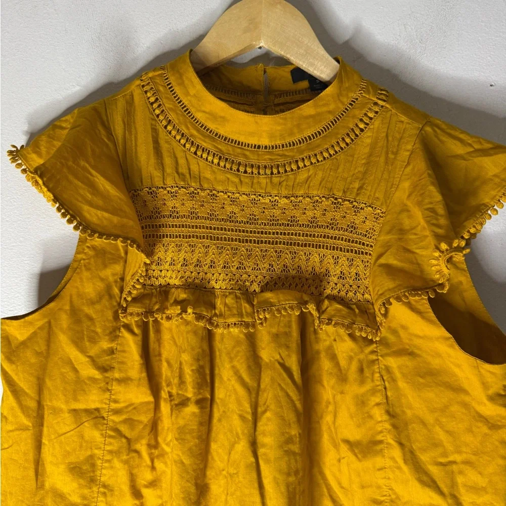 J.Crew Yellow Smocked‎ Crew Neck Puff Sleeve Shirred Cotton Top Small